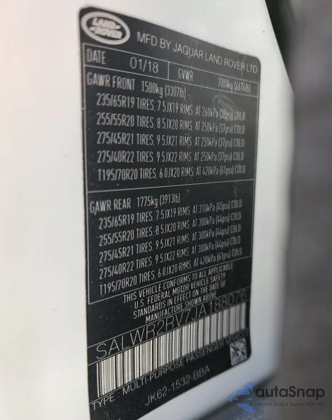 2018 Land Rover Range Rover Sport Hse z USA, uszkodzony, nr VIN SALWR2RV7JA188076